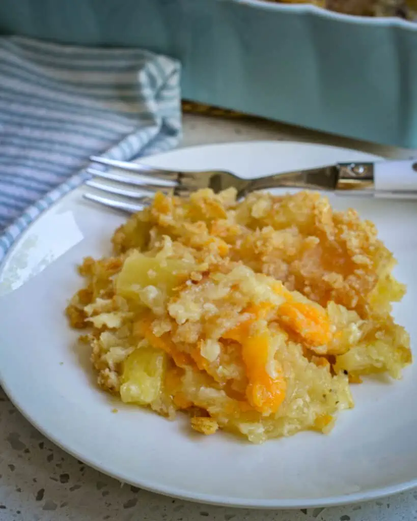 Serve pineapple casserole promptly, as this dish is best served hot while the cheese is melted and it is heated through.