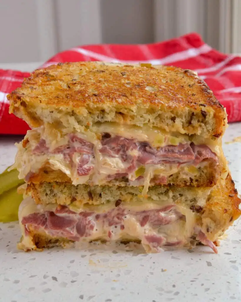 The homemade thousand island dressing takes this Reuben Sandwich over the top.  Better than your favorite deli reuben this sandwich hits the sweet spot just right.
