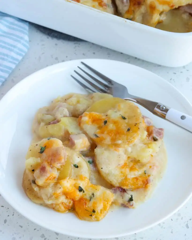 A single serving plate full of scalloped potatoes and ham. 