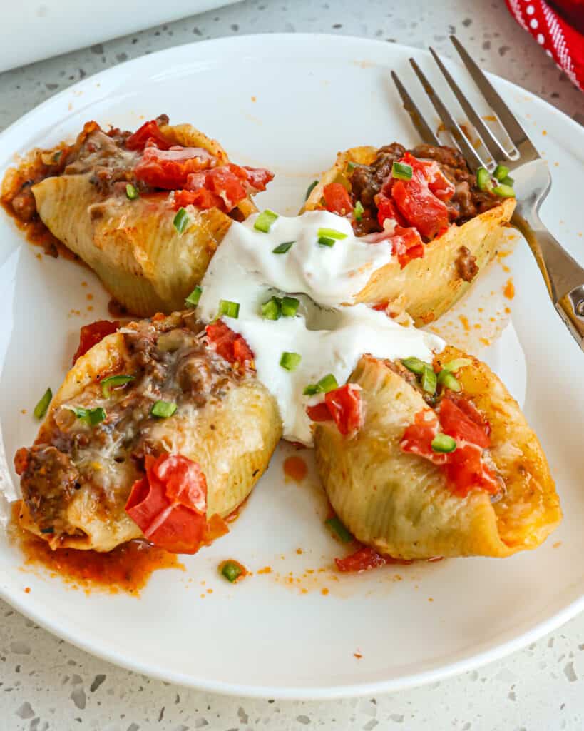 Pasta shells stuffed with seasoned taco meat, onions, salsa, cheddar, and Monterey Jack cheese. 