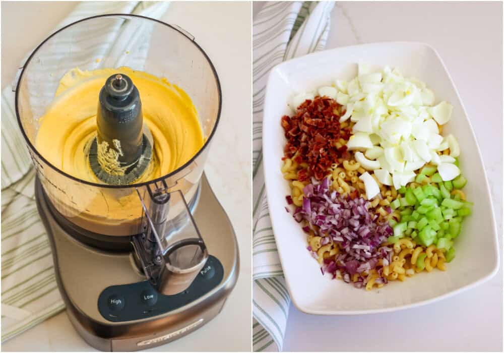 Some of the steps to making deviled egg pasta salad. add the egg yolks to a food processor with the mayo, Dijon mustard, apple cider vinegar, salt, and black pepper. Pulse the mixture several times until smooth and creamy. Combine the cooked elbows, chopped egg whites, celery, and red onion in a large bowl. 
