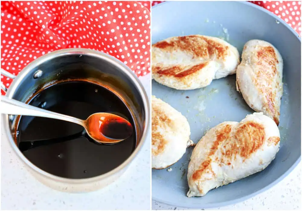 Start by making the balsamic glaze and browning the chicken breasts.