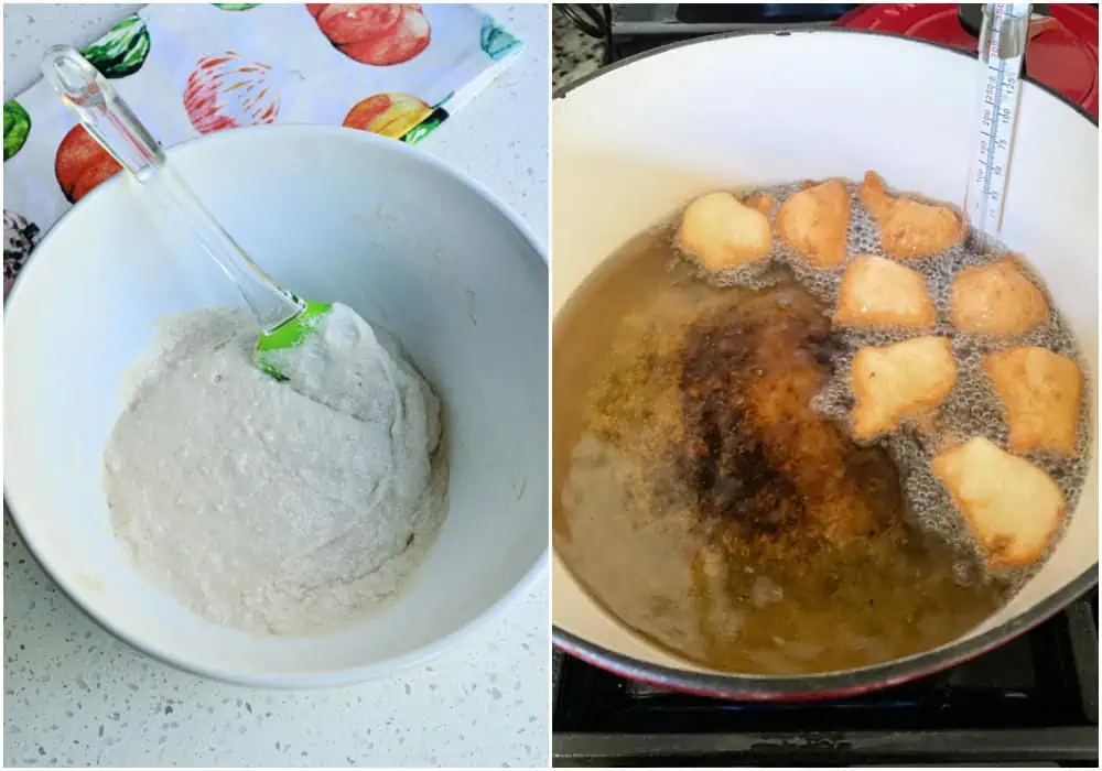 In a large bowl, whisk together the flour and salt. Add the water mixture to the flour mixture. Fry the zeppoles in hot oil. 