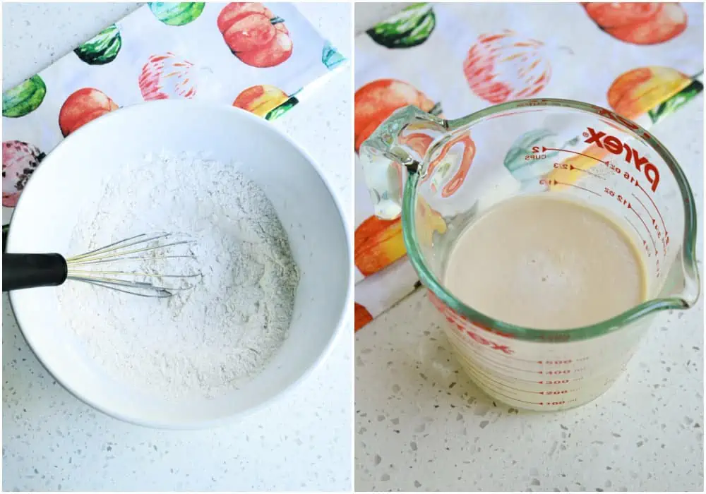 In a large bowl, whisk together the flour and salt. Add the water mixture to the flour mixture. Bloom the yeast in a small bowl or measuring cup. 