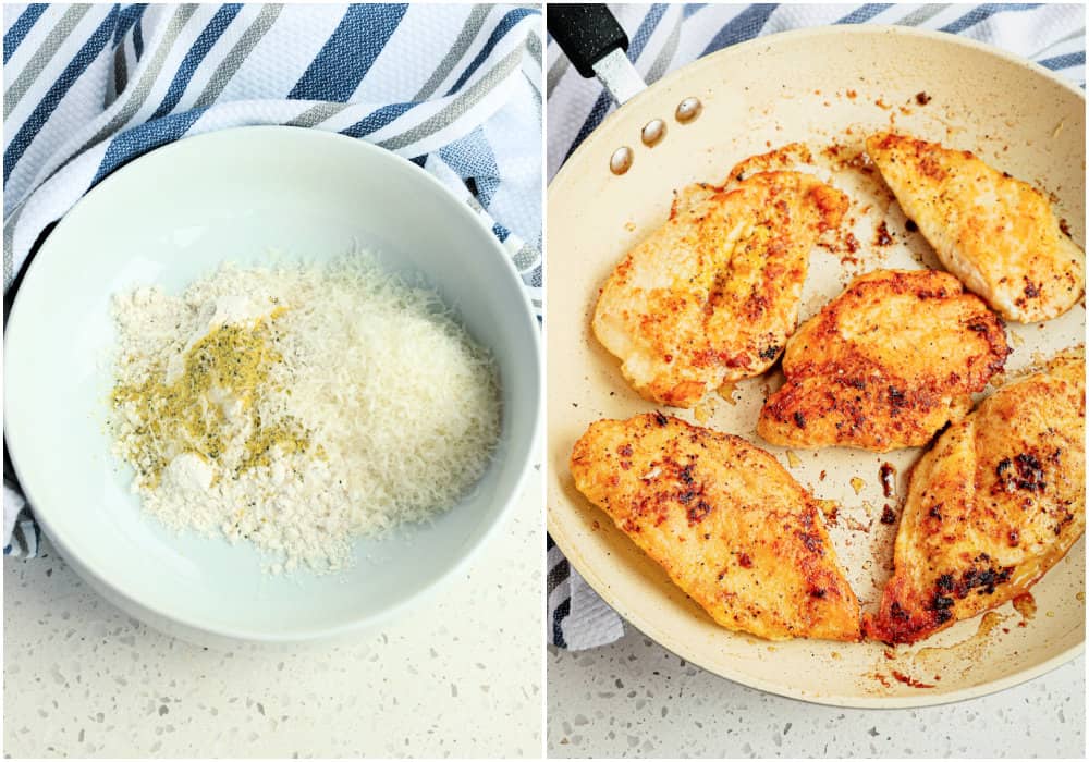 Lightly bread the chicken and pan fry in a little olive oil.