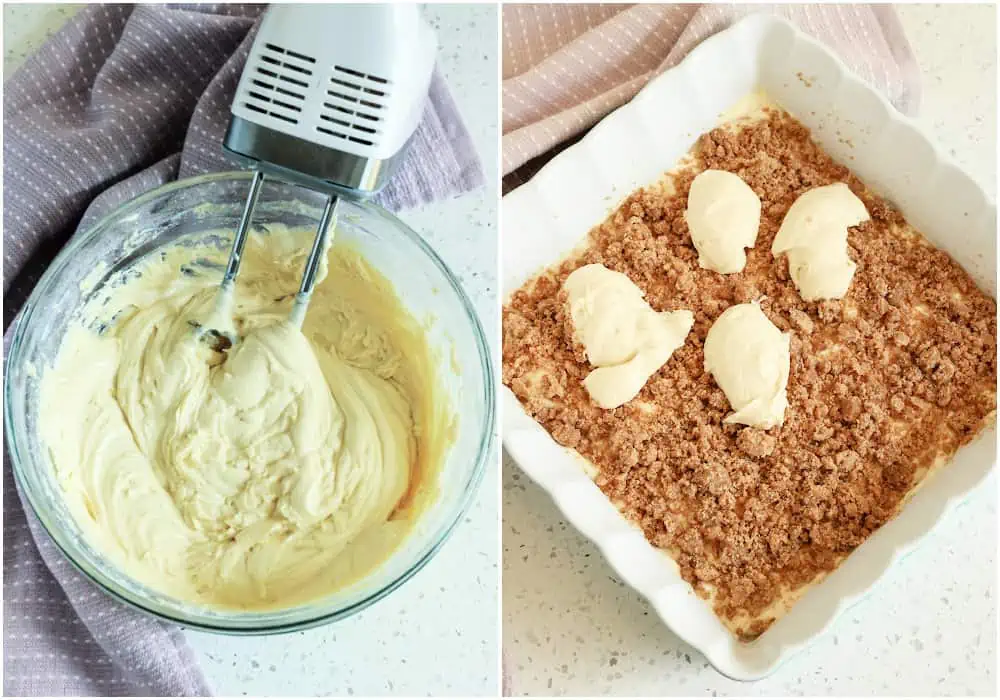 Pour half of the cake mixture into a baking pan that has been coated with nonstick baking spray. Sprinkle with half the streusel mixture and carefully spoon the rest of the cake batter on top.