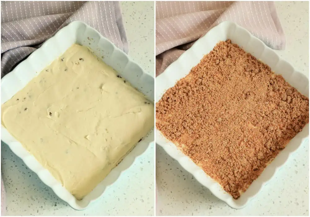 Pour half of the cake mixture into a baking pan that has been coated with nonstick baking spray. Sprinkle with half the streusel mixture and carefully spoon the rest of the cake batter on top.