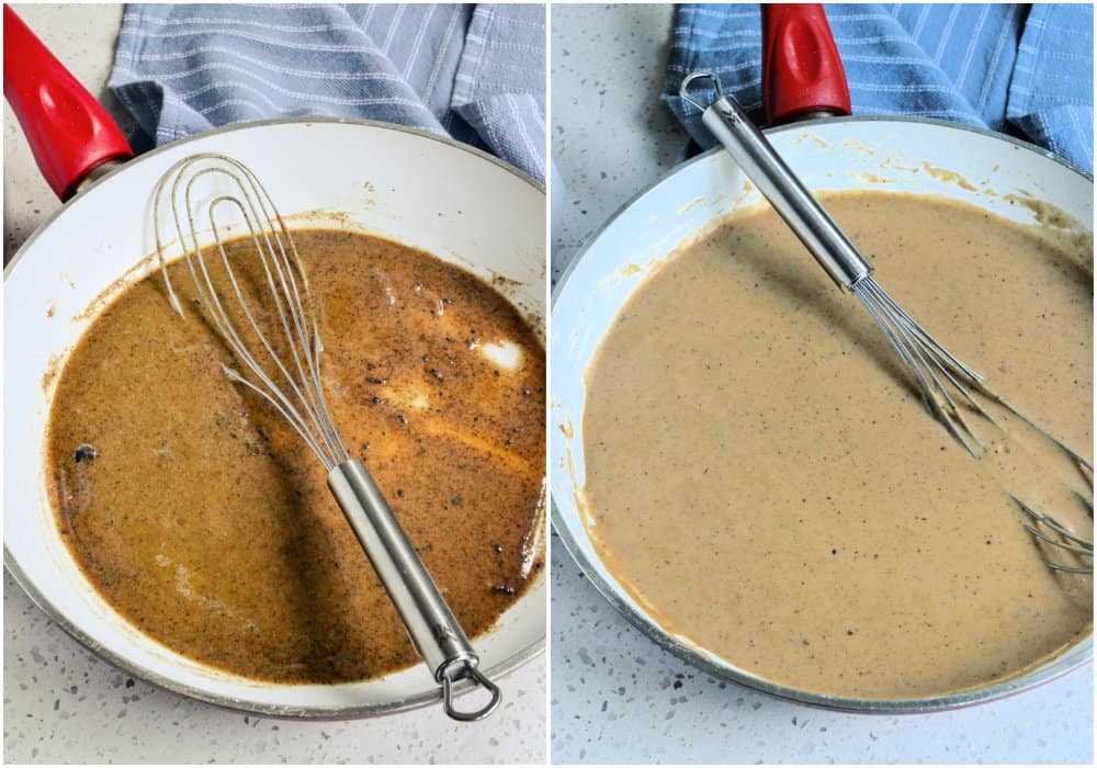 There are several steps to making smothered chicken. If you don't have at least 4 tablespoons of fat left in the skillet, add enough butter to make up the difference. Whisk in the flour mixture that you set aside. Continue whisking and cooking over medium-low heat for a few minutes. Scrap those delicious brown bits off the bottom of the skillet. Slowly stir in the milk and chicken broth, alternating between the two while whisking constantly.