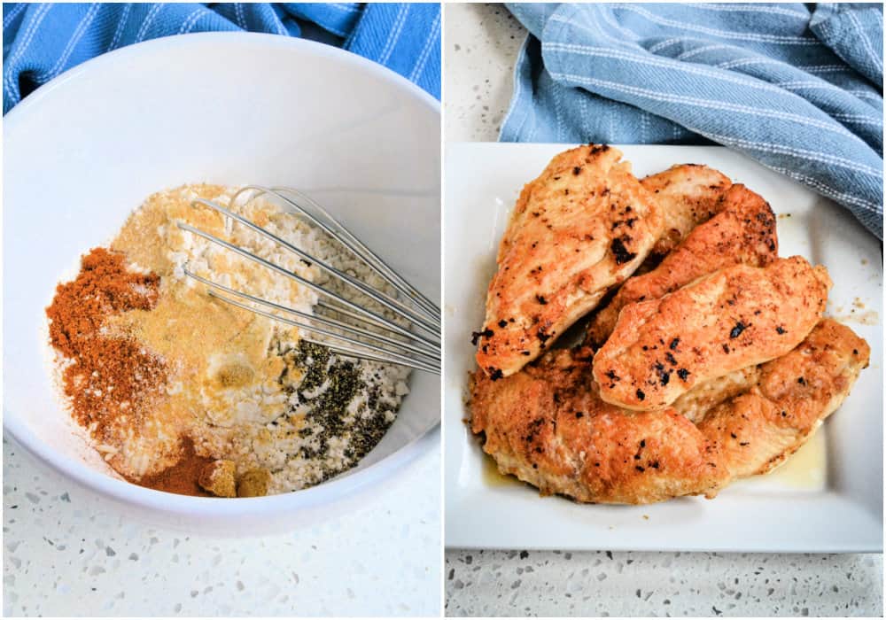 Some of the steps to making smothered chicken. in a medium bowl, whisk together the flour, onion powder, garlic powder, paprika, salt, pepper, ginger, and cinnamon. Melt a little butter in the skillet with the bacon grease over medium heat. Add the chicken to the skillet and cook until golden brown on both sides. Plate the chicken.