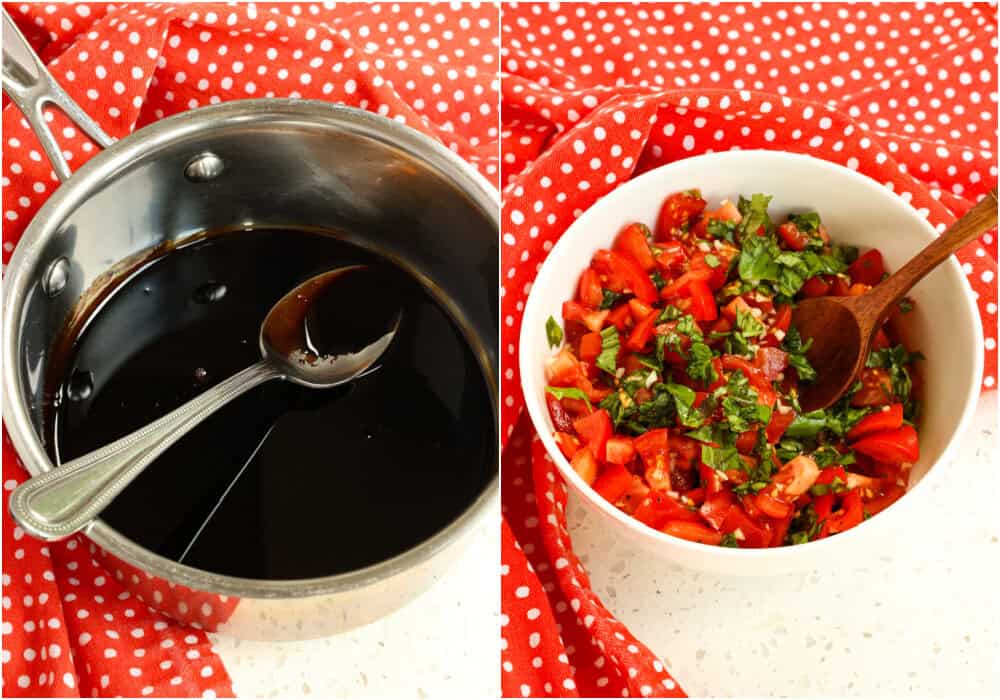 Some of the steps to making chicken bruschetta. First, combine the balsamic vinegar and brown sugar in a saucepan. Bring it to a boil and then reduce it to a simmer. Simmer until it is reduced by half, about 10-15 minutes. It should be thick enough to coat the back of a spoon.

In a medium bowl, gently stir the diced tomatoes, minced garlic, kosher salt, fresh ground black pepper, red wine vinegar, olive oil, and chopped basil.