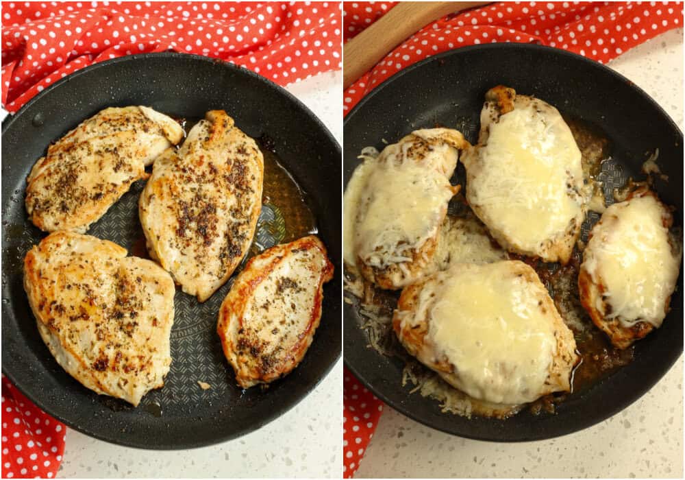 Some of the steps to making chicken bruschetta. Cook the chicken until golden brown on both sides and cooked through. Chicken is done when the internal temperature reaches 165 degrees. 

Reduce the heat to medium-low and top each chicken breast with about 1/3 cup shredded mozzarella. Cover the skillet with aluminum foil and let the cheese melt.