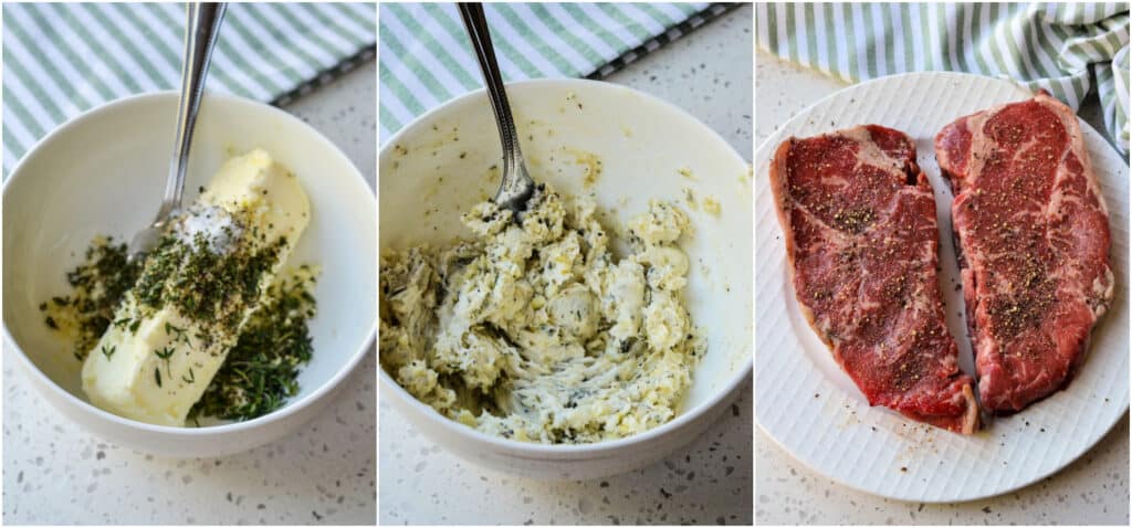 There are a few easy steips to making the perfect New York Strip Steak.  Stir the butter, garlic, salt, pepper, marjoram, thyme, and rosemary and set it aside for a few minutes. Season the steaks with kosher or sea salt and coarsely ground black pepper.