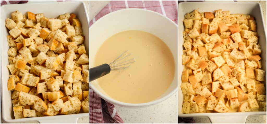 The steps to making French toast casserole. spread the bread cubes into an even layer in a well-greased 9x13-inch casserole dish. Then, in a large mixing bowl, whisk together the eggs, milk, whipping cream, brown sugar, granulated sugar, and vanilla extract. Pour the egg mixture over the bread cubes. Use the flat side of a spatula to push the bread cubes down into the custard mixture