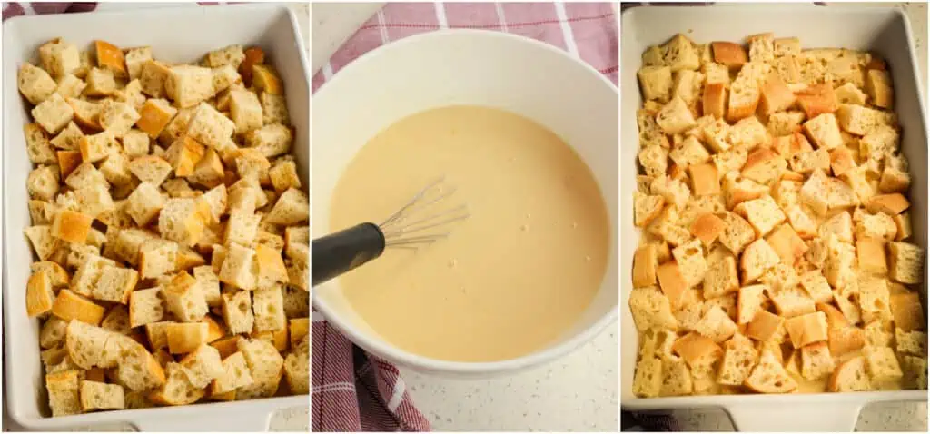 The steps to making French toast casserole. spread the bread cubes into an even layer in a well-greased 9x13-inch casserole dish. Then, in a large mixing bowl, whisk together the eggs, milk, whipping cream, brown sugar, granulated sugar, and vanilla extract. Pour the egg mixture over the bread cubes. Use the flat side of a spatula to push the bread cubes down into the custard mixture