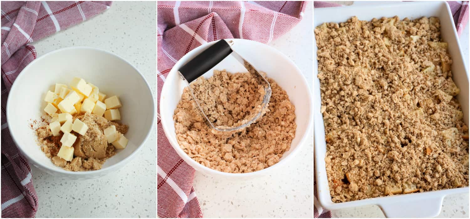 The steps to making overnight French toast casserole. In a medium bowl, stir together the flour, brown sugar, cinnamon, and salt with a fork. Cut in the butter using a pastry cutter until crumbly. Sprinkle it over the casserole before baking. 