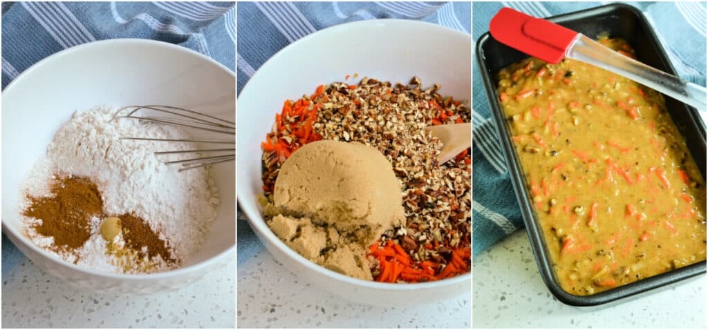 Some of the steps to making carrot bread. Whisk the flour, baking soda, baking powder, salt, cinnamon, ginger, and nutmeg in a medium bowl and set it aside. Stir the eggs, oil, shredded apple, grated carrots, brown sugar, vanilla, and chopped pecans in a larger bowl. Stir the dry ingredients into the wet ingredients just until combined. Pour into a well-greased loaf pan.
