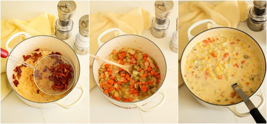 Some of the steps to making corn chowder. Cook the bacon over medium heat until brown and crispy. Using a slotted spoon, transfer it to a plate, reserving the bacon grease. Add the onion, celery, and carrots to the bacon grease and cook until the onions and celery are tender. Remove the pot from the heat and slowly stir in the cream. 
