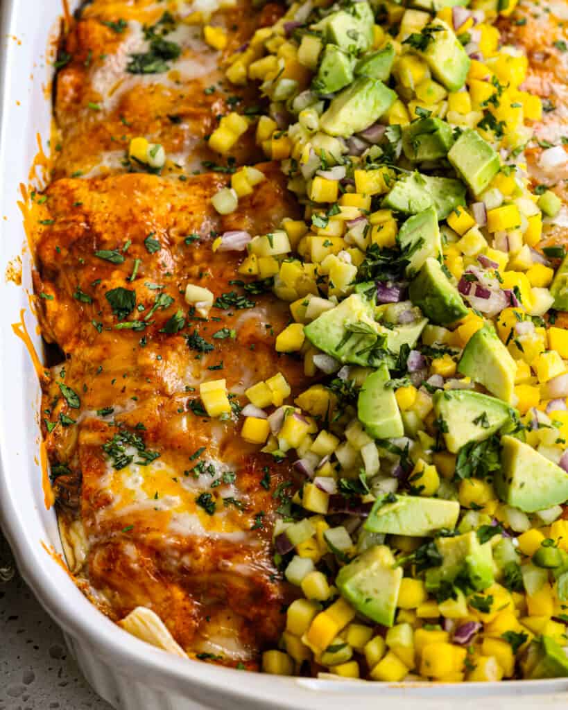 Top the casserole with mango salsa, chopped cilantro, and chopped fresh avocado. 