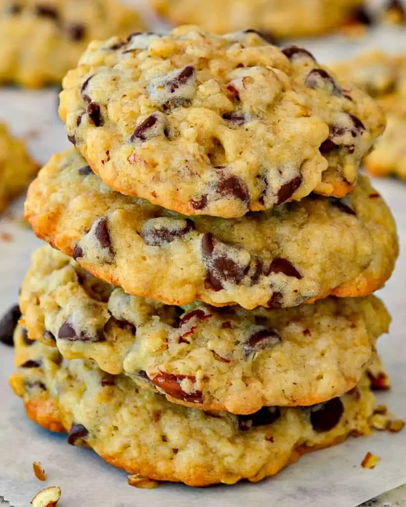 Cowboy Cookies are scrumptious treats filled with chocolate chips, oatmeal, coconut, and chopped pecans.  They are slightly crispy on the outside and soft with just a touch of chewy on the inside.