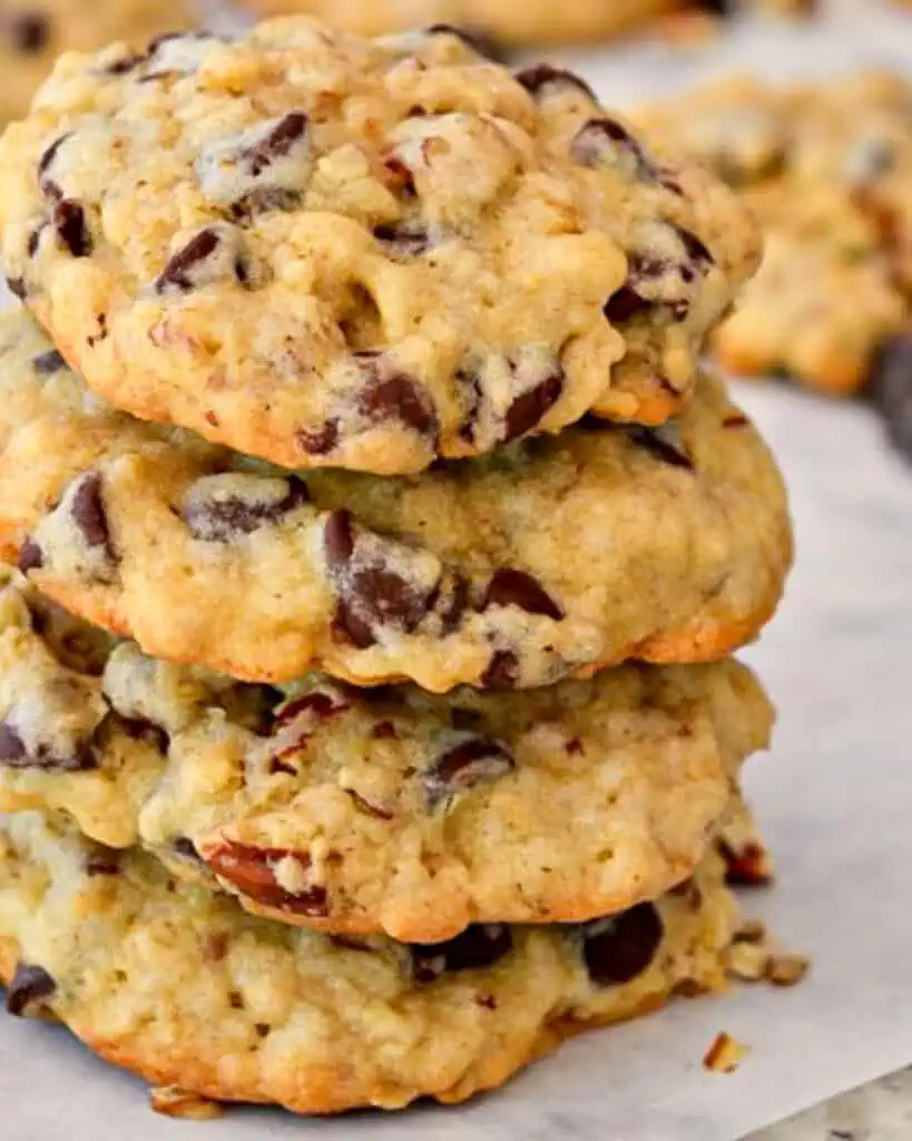 A close up view of cowboy cookies. 