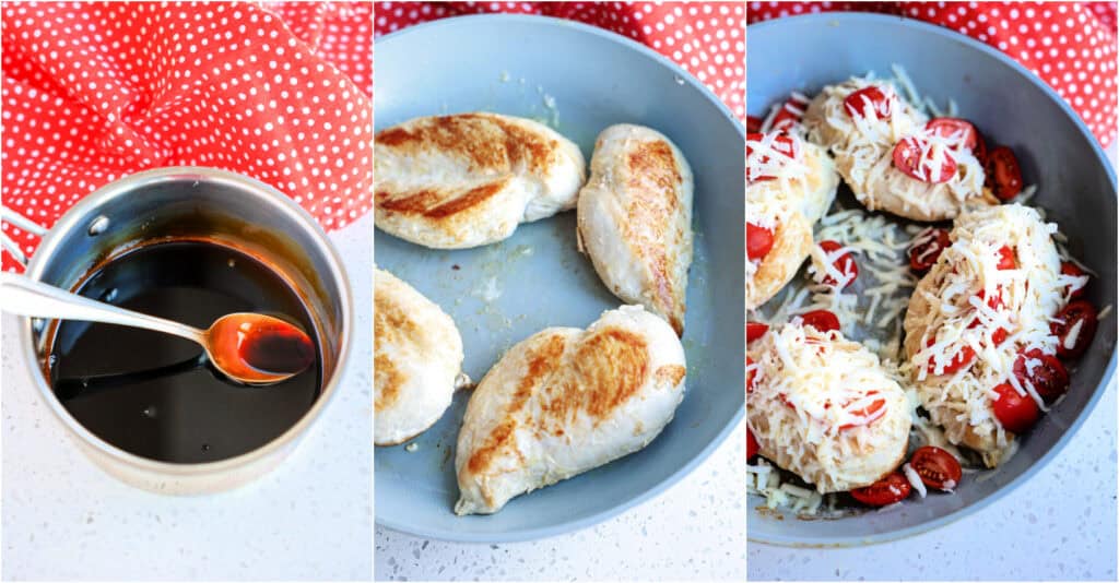 Some of the steps to making caprese chicken. Combine the balsamic vinegar and brown sugar in a saucepan. Then, bring it to a boil and reduce to a simmer. Simmer until it is reduced by half. It should be thick enough to coat the back of a spoon.

In a large ovenproof skillet or pan over medium-high heat, cook the chicken until golden brown on both sides. Cover with foil and place in the oven for about 15 minutes or until the chicken reaches an internal temperature of 165 degrees. Carefully remove the skillet from the oven and top the chicken with the shredded mozzarella and sliced grape tomatoes.