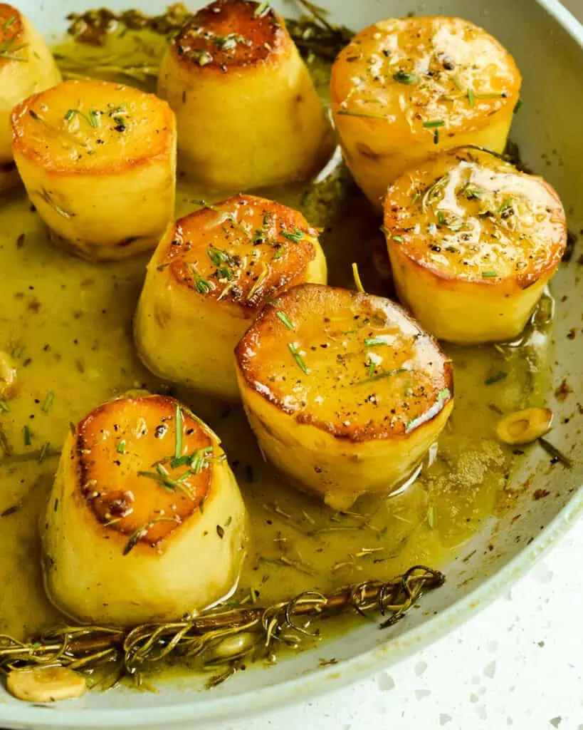 These succulent fondant potatoes make a great side for roasted chicken, grilled steak, slow cooked pork and so many others. 