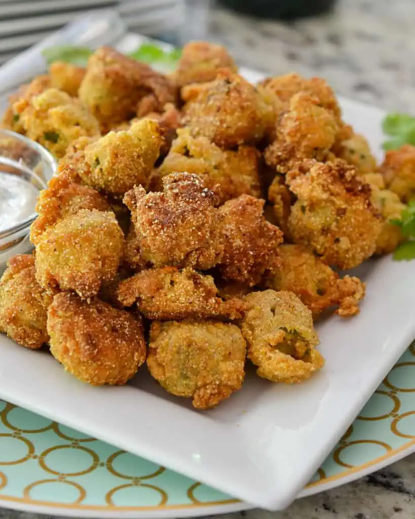 Fried Okra is crispy and perfect for an appetizer, paired with a creamy dipping sauce