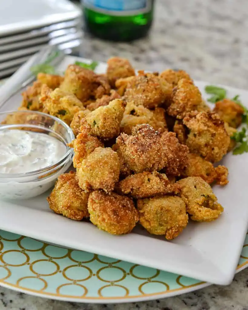 Southern Fried Okra is crispy, crunchy and just a tad peppery.  Served with Jalapeno Yogurt Sauce, it makes the perfect appetizer or side dish for fish, chicken, and pork.