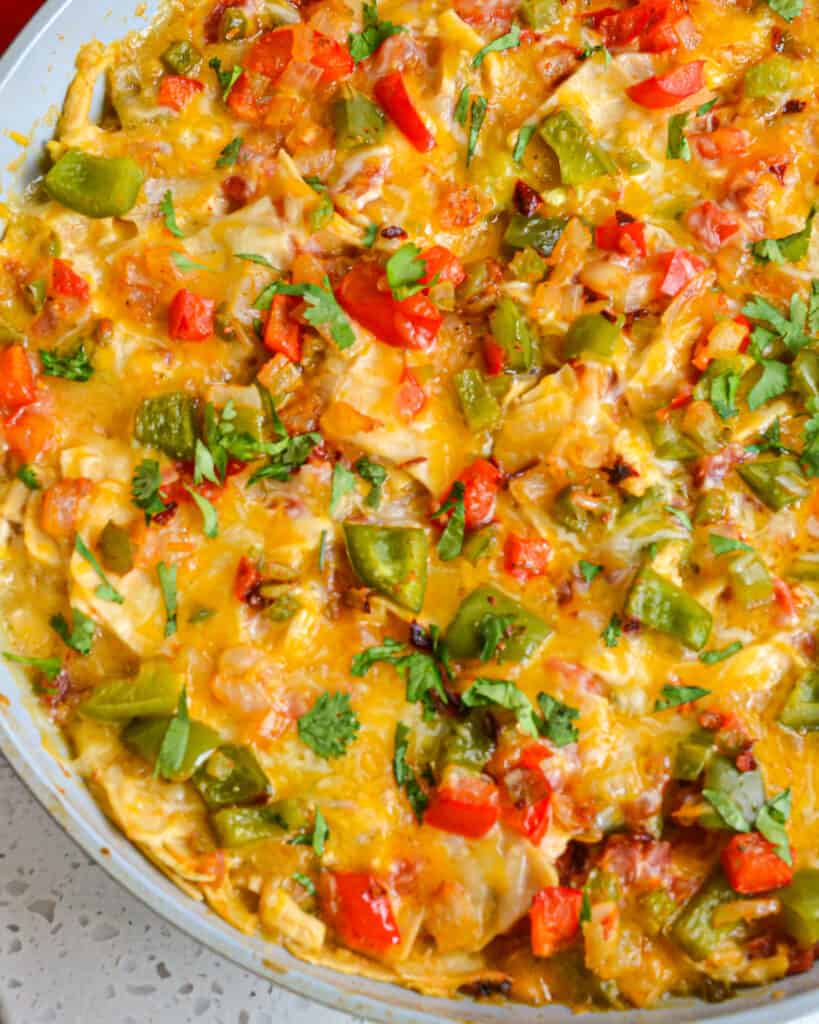Corn tortillas, chicken, onions, peppers, tomatoes, and cheddar jack cheese are combined in a creamy chicken sauce, covered with cheese, and baked to golden comfort food perfection.