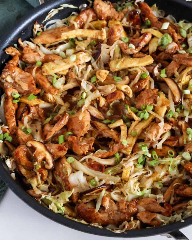 Moo shu chicken in a large skillet. 