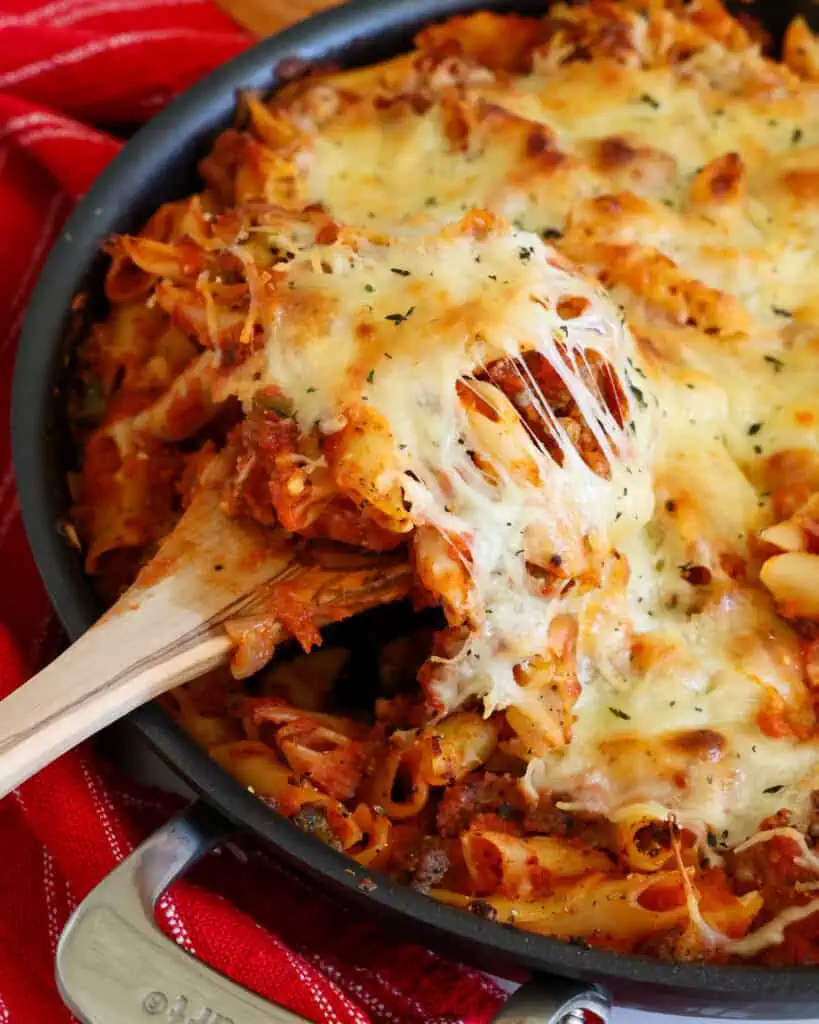 Baked Mostaccioli combines Italian sausage, peppers, onions and marinara all blanketed in mozzarella and provolone cheese. 