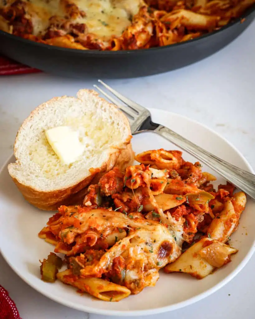 Baked Mostaccioli combines Italian sausage, peppers, onions and marinara all blanketed in mozzarella and provolone cheese. 