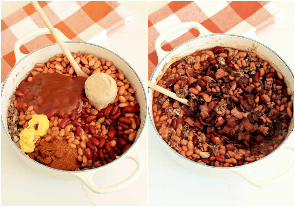 How to make cowboy beans. add the remaining ingredients, including the cooked bacon, to the pot and simmer for a couple of hours, stirring frequently, or place the pot in the oven for a little over an hour.
