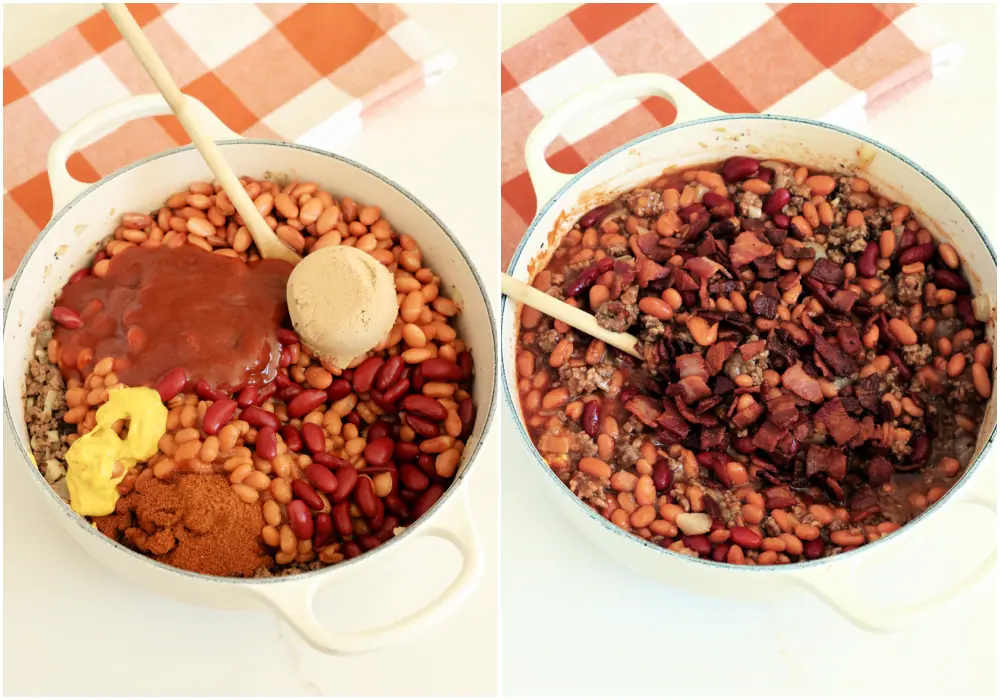 How to make cowboy beans. add the remaining ingredients, including the cooked bacon, to the pot and simmer for a couple of hours, stirring frequently, or place the pot in the oven for a little over an hour. 