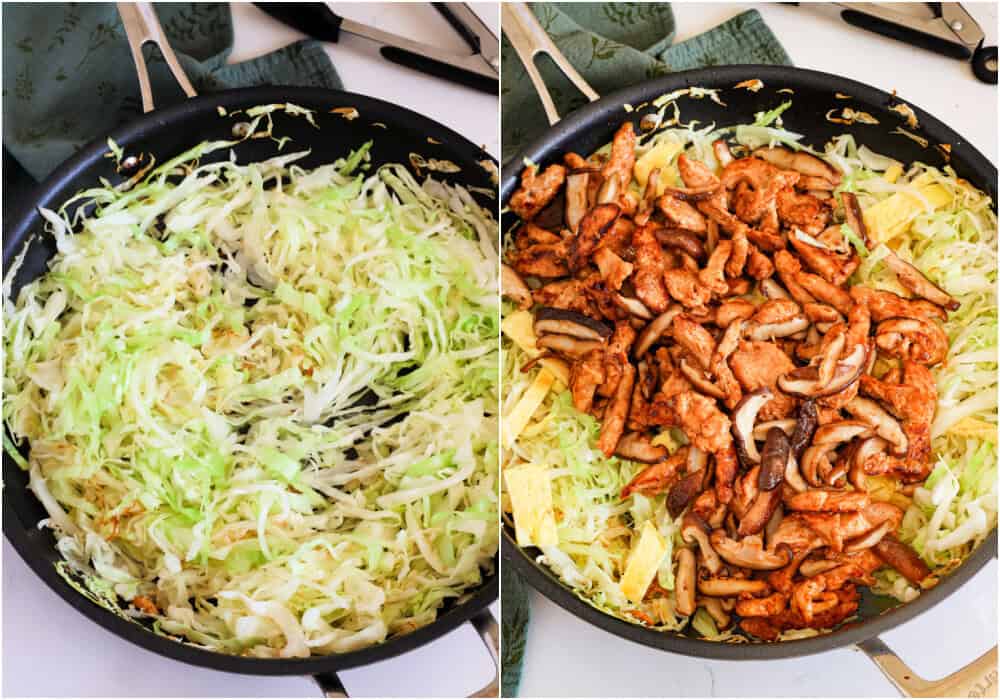 Some of the steps to making moo shu chicken. Add the cabbage and cook until slightly wilted. Add the chicken, mushrooms, and eggs back to the skillet.