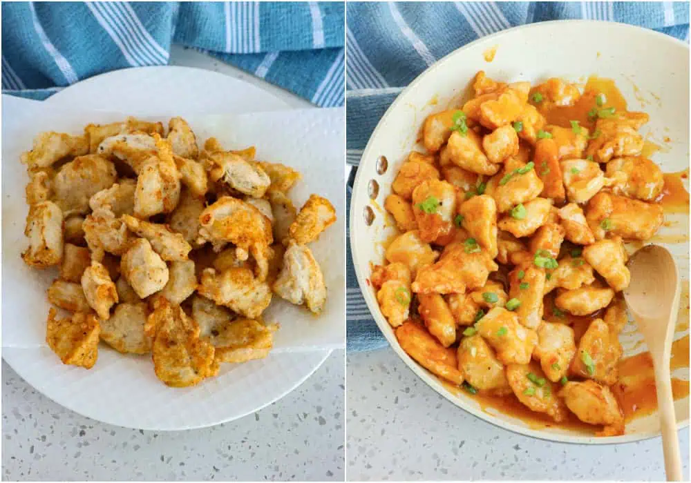 Some of the steps to making orange chicken. Fry the chicken pieces in oil until crispy. Combine the crispy chicken and orange sauce. 