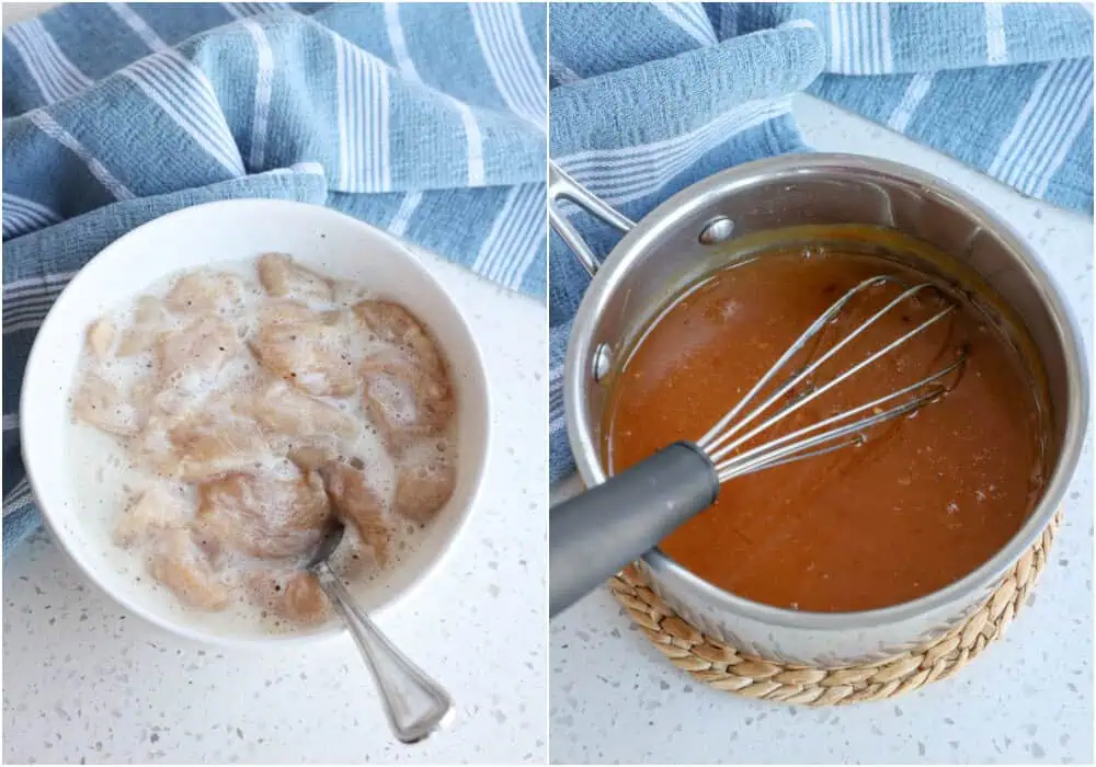 Some of the steps to making orange chicken. Coat the chicken with a mixture of eggs and cornstarch. Warm the sauce ingredients over the stovetop. 