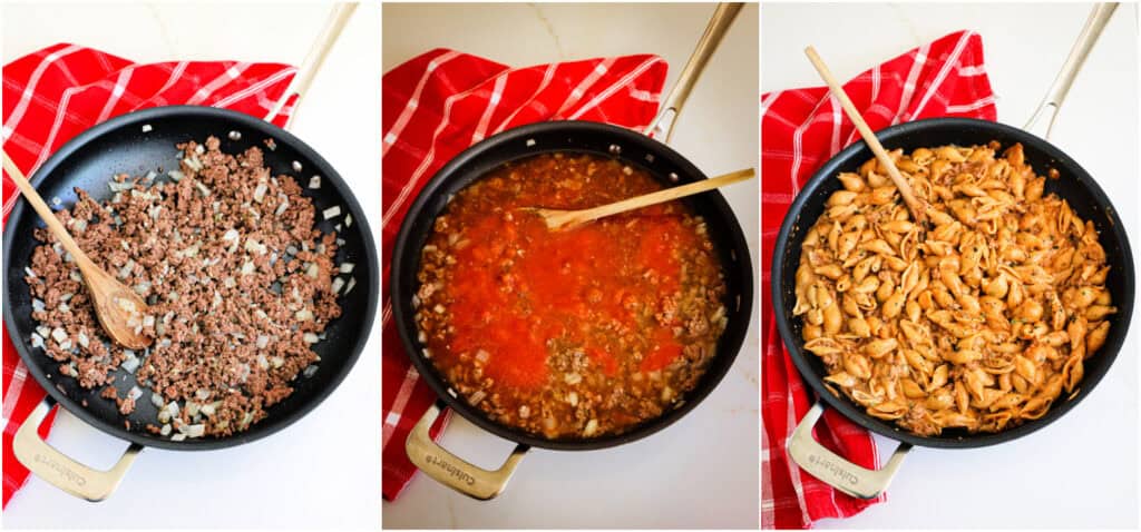 Steps to making creamy beef and shells. 