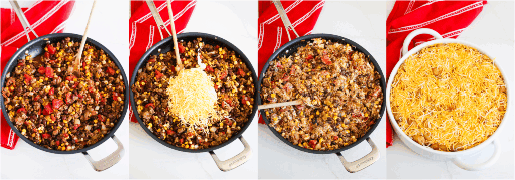 Some of the steps to making cowboy casserole. Brown the ground beef and onions over medium heat. Reduce the heat and add the garlic. Cook for a minute. Add the taco seasoning, black beans, corn, fire-roasted tomatoes, and diced green chiles to the hamburger mixture and simmer. Stir in half the shredded cheese and sour cream. Layer the tater tots over the dish and bake for 15 minutes. Sprinkle with the remaining cheese and bake until the cheese melts.