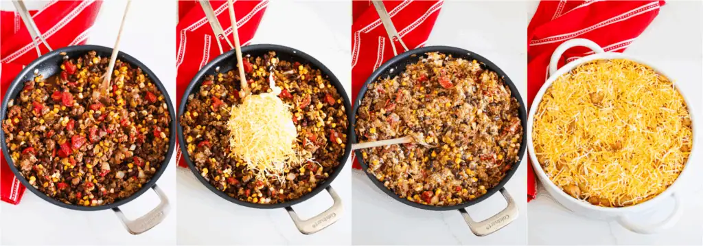 Some of the steps to making cowboy casserole. Brown the ground beef and onions over medium heat. Reduce the heat and add the garlic. Cook for a minute. Add the taco seasoning, black beans, corn, fire-roasted tomatoes, and diced green chiles to the hamburger mixture and simmer. Stir in half the shredded cheese and sour cream. Layer the tater tots over the dish and bake for 15 minutes. Sprinkle with the remaining cheese and bake until the cheese melts.