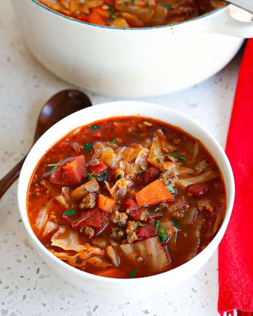 A single serving bowl of cabbage soup with a wooden spoon off to the side and a Dutch oven full of the soup in the background.  