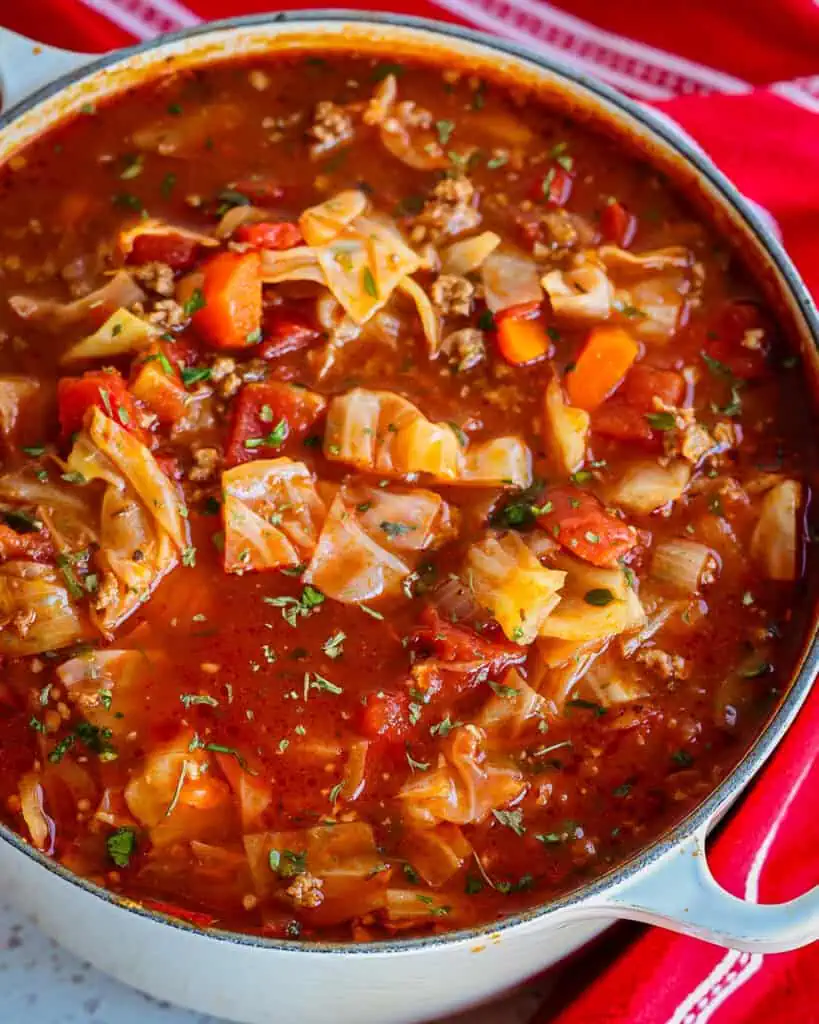 I really like the addition of fire-roasted tomatoes in cabbage soup, but canned diced tomatoes work well as a substitute. 