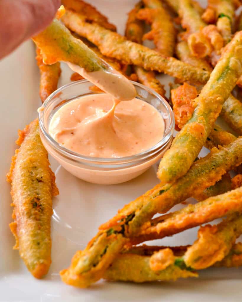 Crispy Fried Green Beans are dipped in my easy beer batter and then flashed fried to golden perfection. 