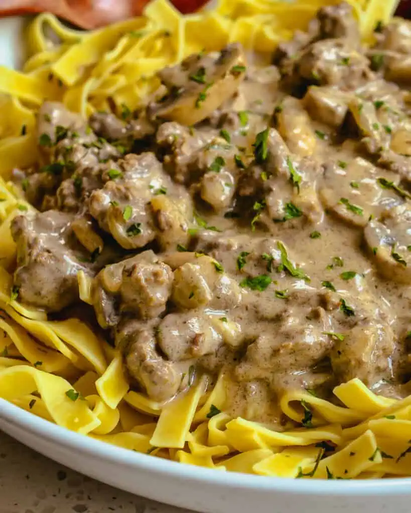 Family-friendly and frugal, this Ground Beef Stroganoff with fresh mushrooms, onions, and garlic in a rich, creamy sour cream sauce is sure to please. Serve it over egg noodles, mashed potatoes, or rice.