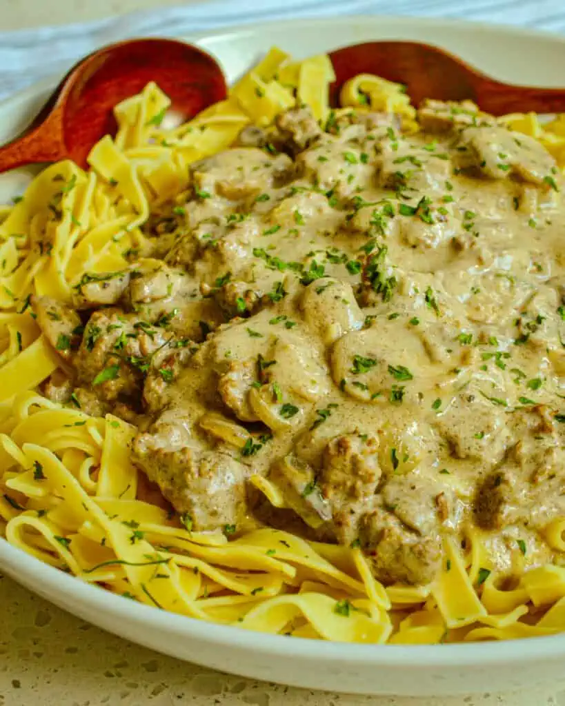 This easy Ground Beef Stroganoff Recipe is a more frugal version of the classic beef stroganoff with the delectable flavors of mushrooms, onions, and garlic in a creamy rich sauce. 