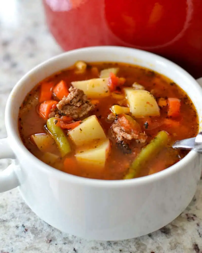 A bowl full of hamburger soup