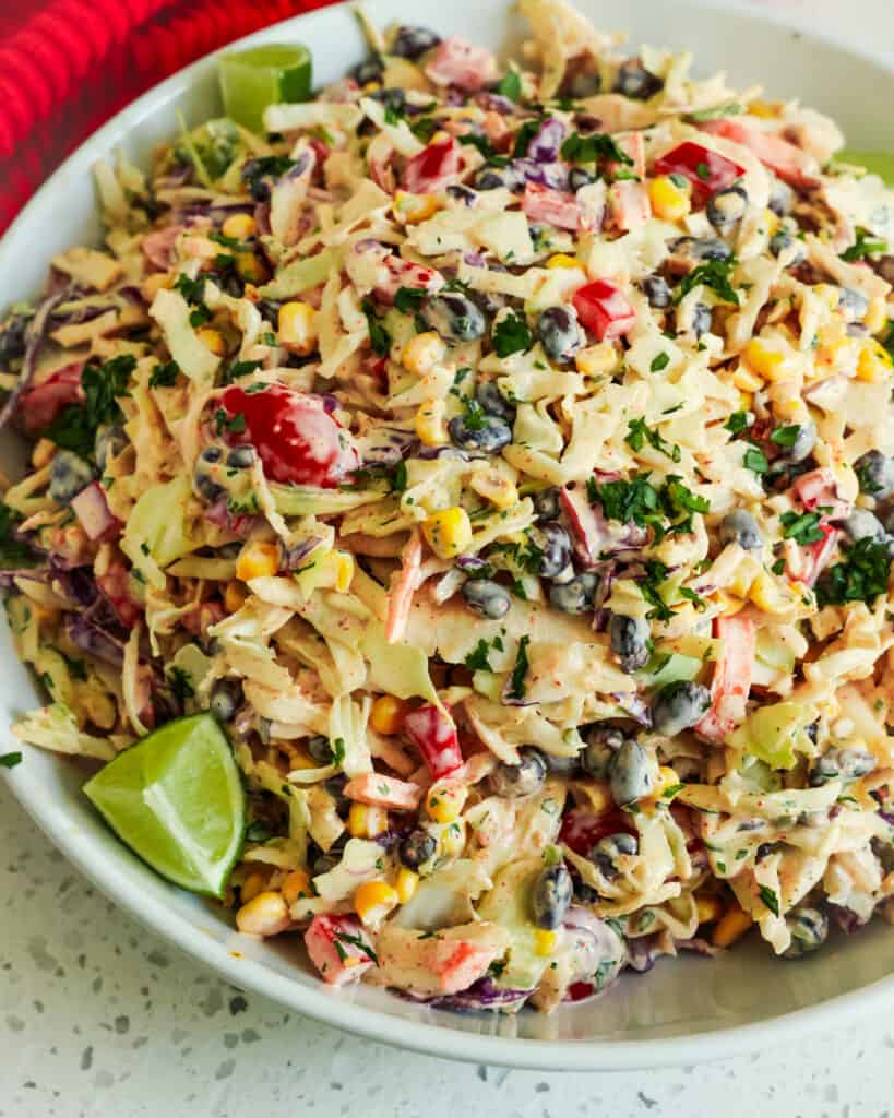 A bowl full of Mexican coleslaw.