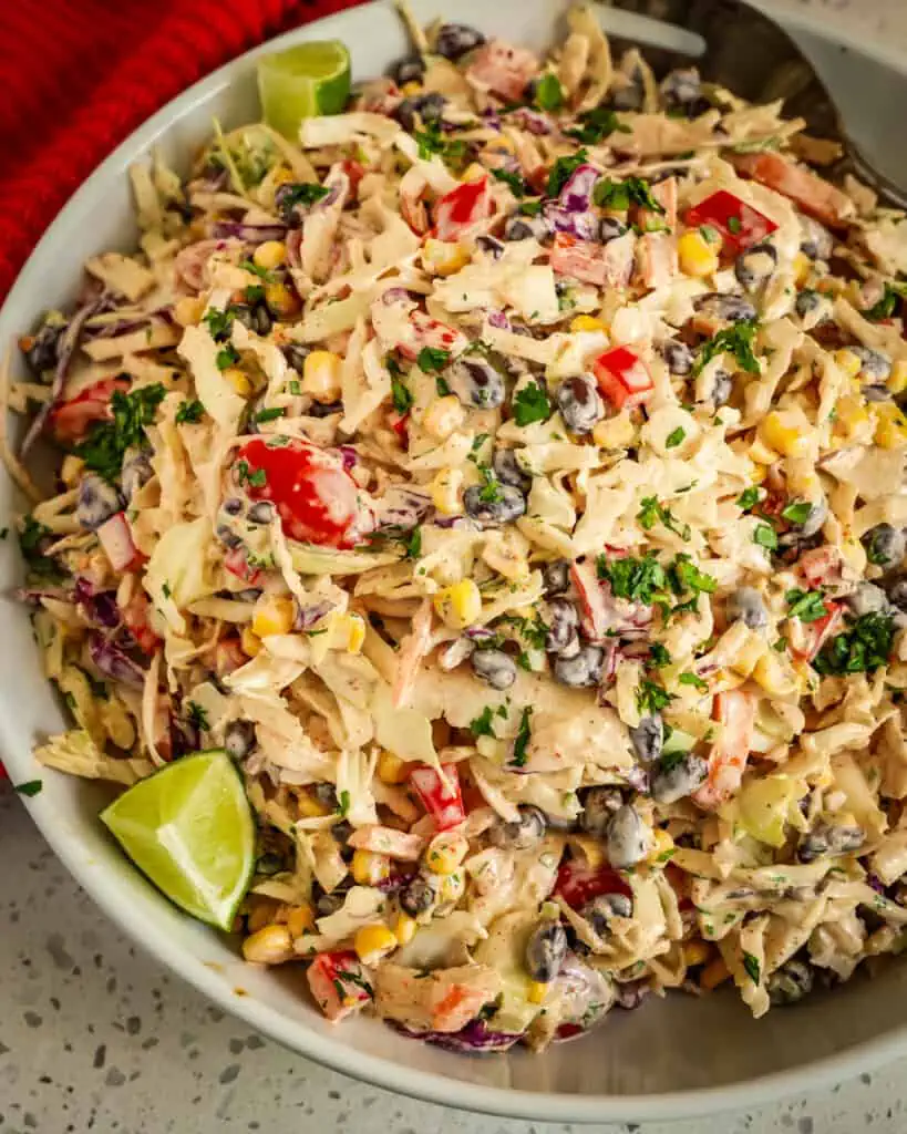 This Tex-Mex styles coleslaw is bursting with flavor from tomatoes, black beans, corn, jalapeno, and cilantro. It is a family-friendly, quick, easy side dish that goes great on top of tacos or with grilled chicken, pork tenderloin, or grilled flank steak.
