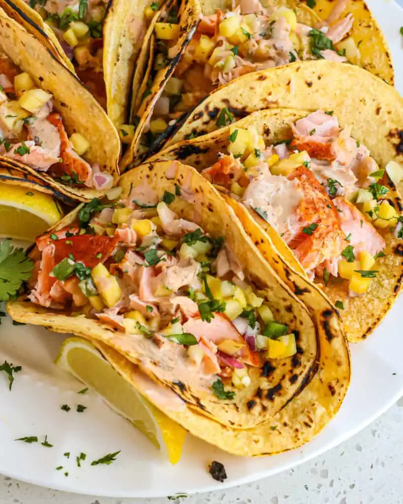 Layer the corn tortillas with the pan seared salmon, mango salsa, and chipotle ranch. 