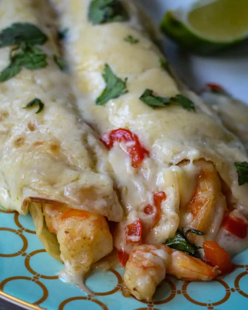 Creamy Shrimp Enchiladas bring together fresh shrimp, onions, red bell pepper, and garlic all wrapped up in a creamy Monterrey Jack cheese sauce.